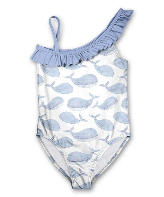 White & Periwinkle Whales Ruffle Asymmetrical One-Piece - Infant, Toddler & Girls | Zulily