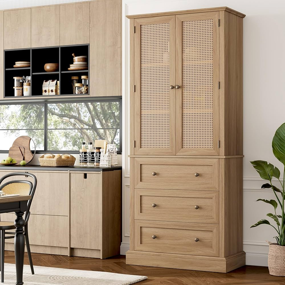 73" Tall Kitchen Pantry, Rattan Doors Pantry Cabinet with 3 Drawers and Adjustable Shelf, Large W... | Amazon (US)