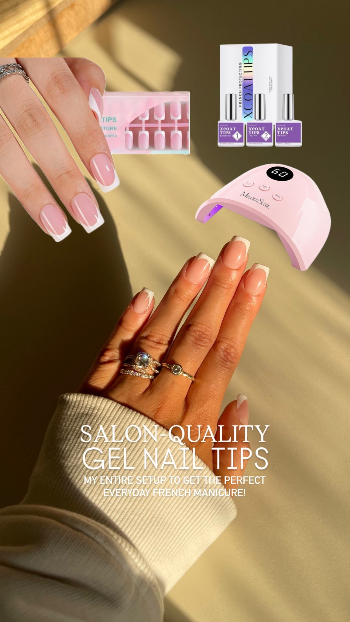 My everyday french manicure gel nails set up! 💅🏽 

|| gel nails kit, amazon nails, amazon press on nails, amazon gel nails, press on nails french manicure, french mani press ons, French manicure nail tips, white tips press on nails 