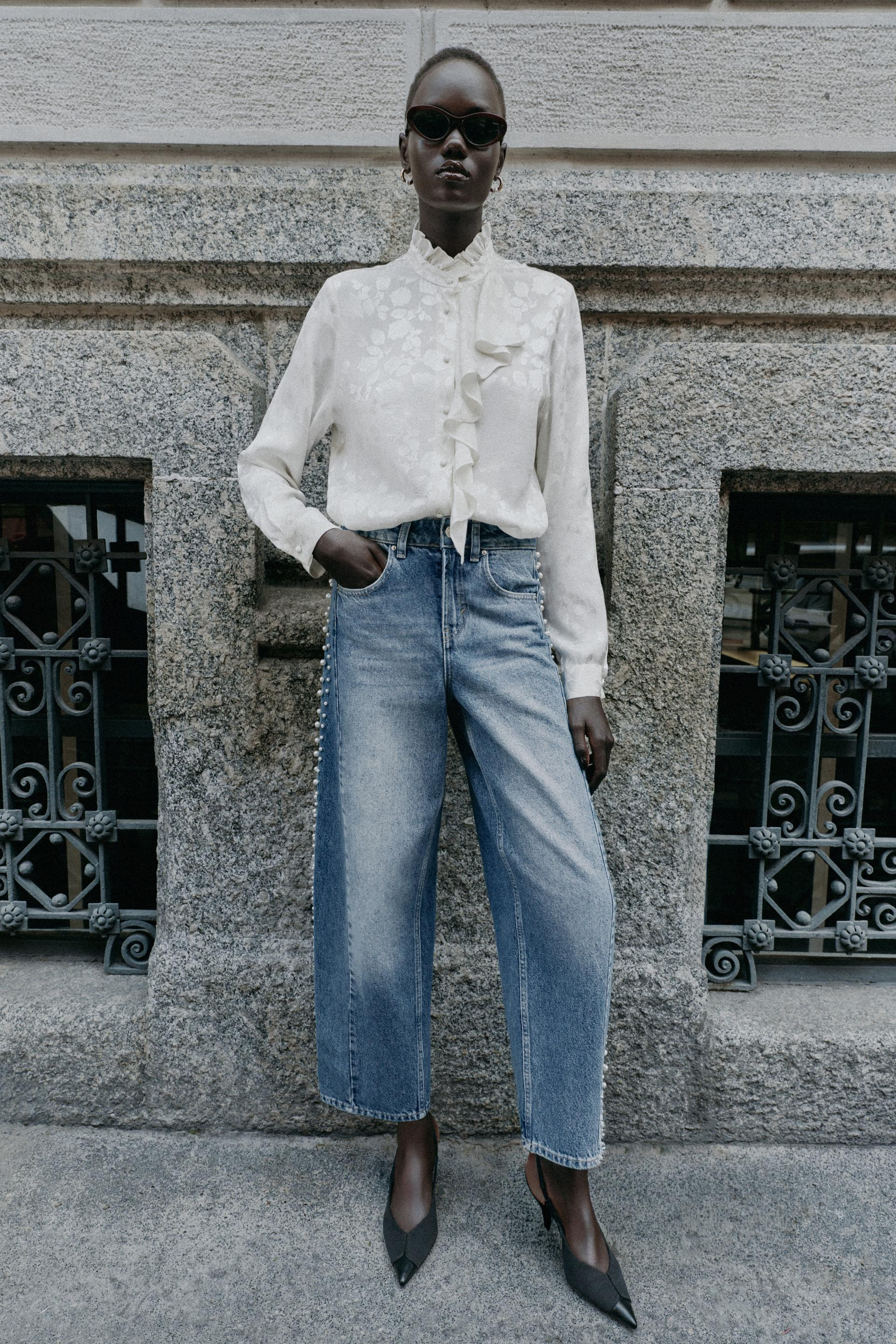 Zara - Floral Jacquard Ruffled Blouse - White - Xl - Woman | Zara US