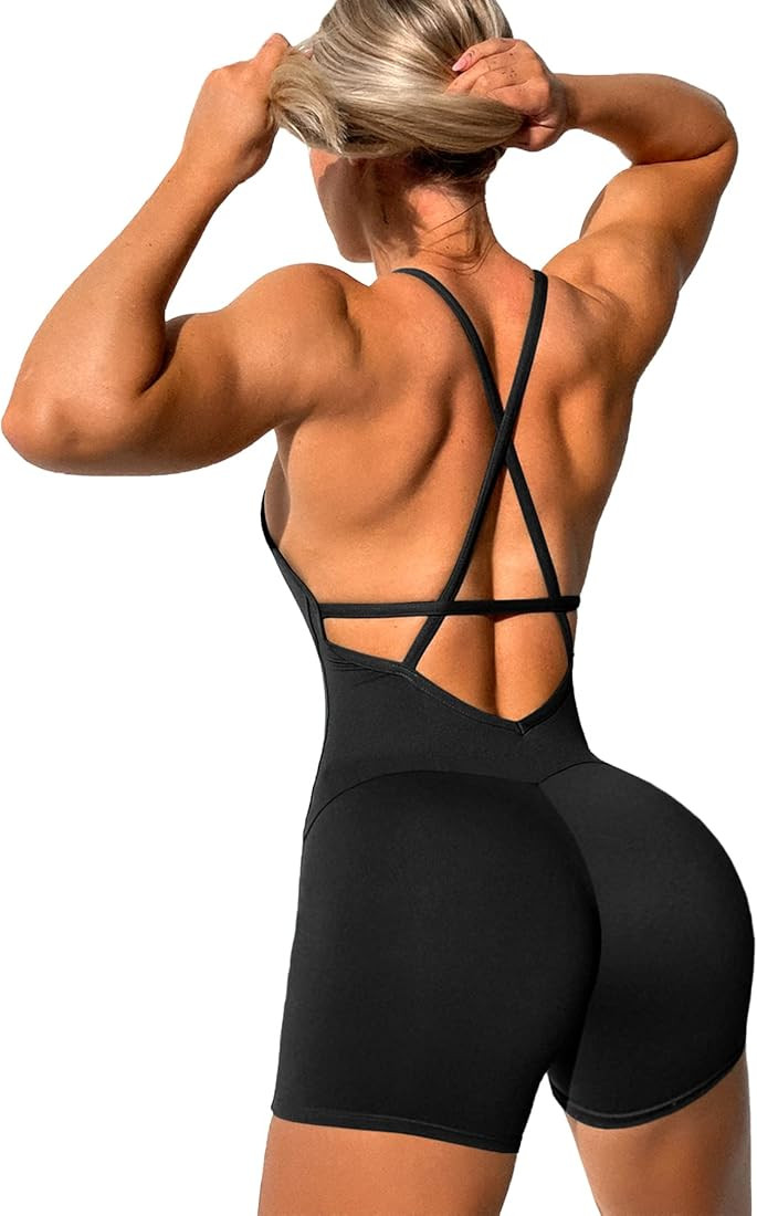 Coloquin Workout Romper for Women Bodycon Spaghetti Strap Jumpsuits One Piece Bodysuit | Amazon (US)