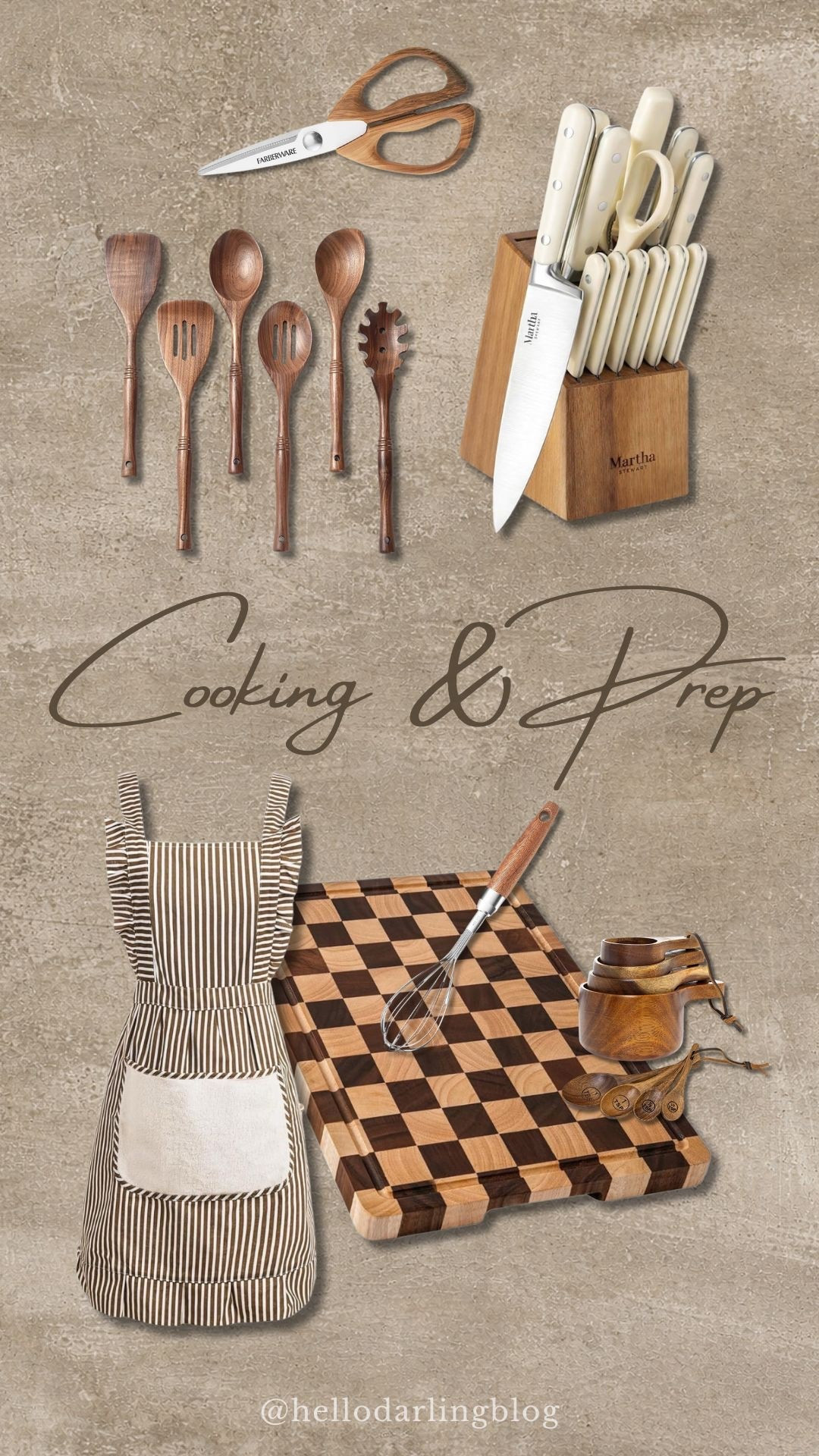 Cooking & Prep essentials I reach for daily - from timeless wooden utensils and a chef-worthy knife block to the coziest neutral apron and a statement cutting board. These are the kitchen finds that make everyday meals feel elevated, functional, and beautifully styled. Saving these for your next kitchen refresh 🤎

#kitchenfinds #ltkhome #cookingessentials #neutralhome #kitcheninspo 

#LTKmomlife #LTKdayinmylife #LTKHome