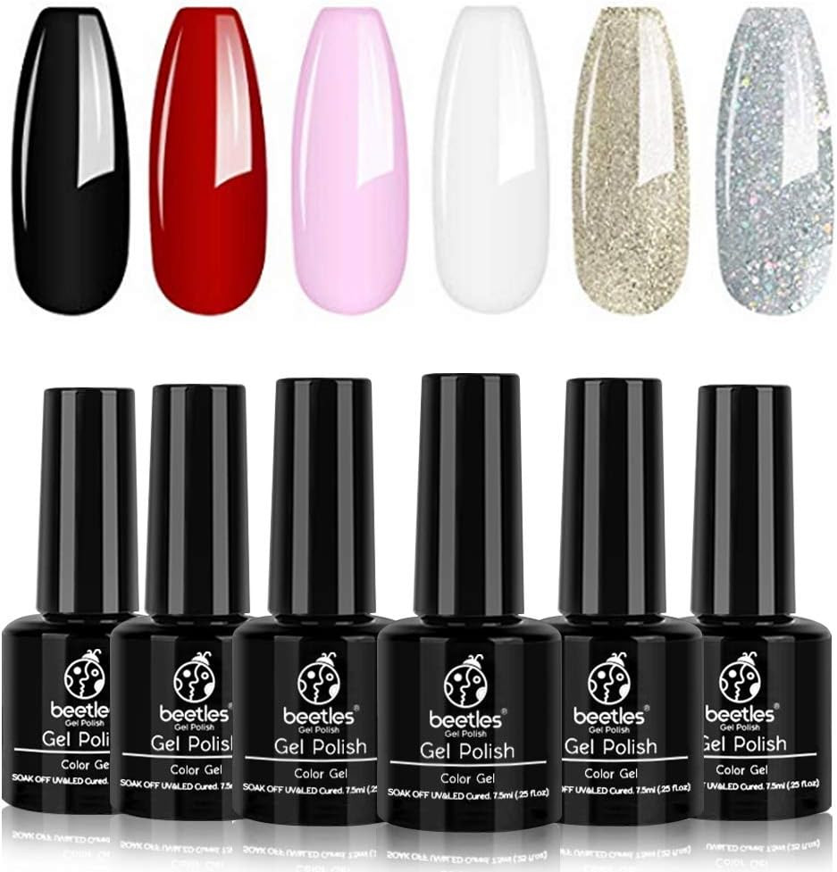 Beetles Gel Nail Polish Set, Red Black Pink White Golden Silver Glitter Soak Off Gel Nail Kit, 7.... | Amazon (US)