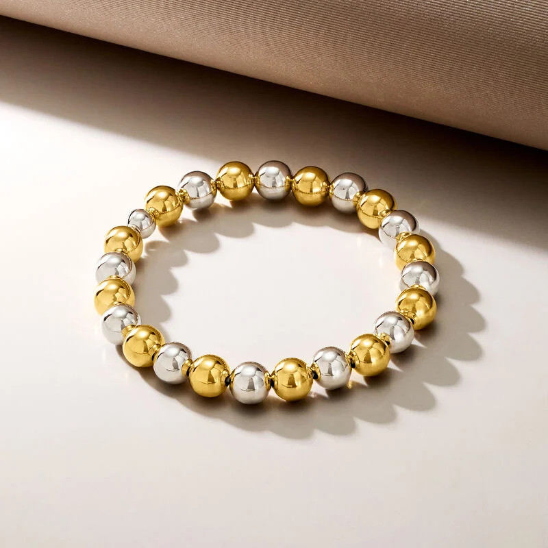 Italian 8mm Sterling Silver and 18kt Gold Over Sterling Bead Stretch Bracelet | Ross-Simons