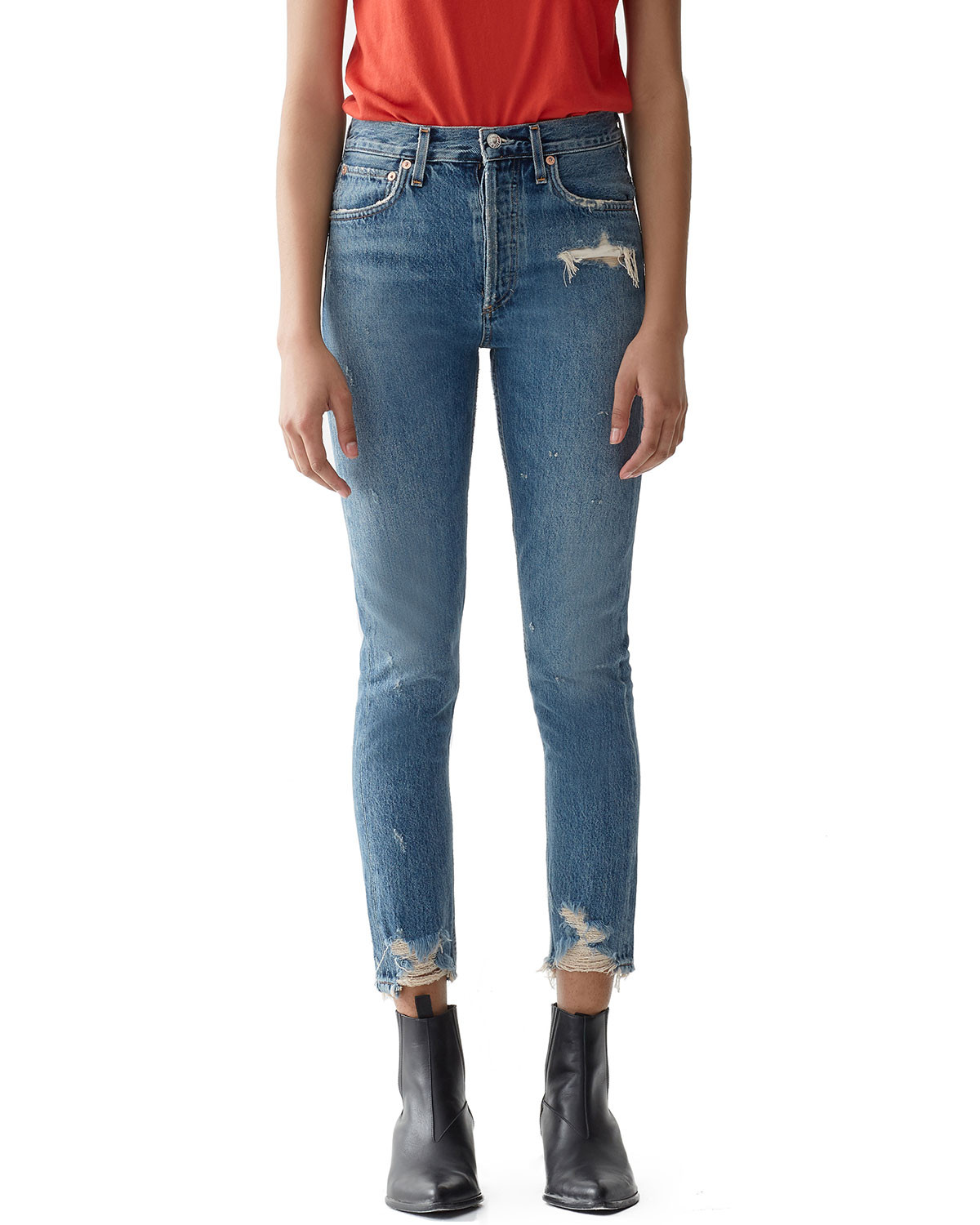 Jamie High-Rise Distressed Skinny Jeans with Chewed Hem | Neiman Marcus