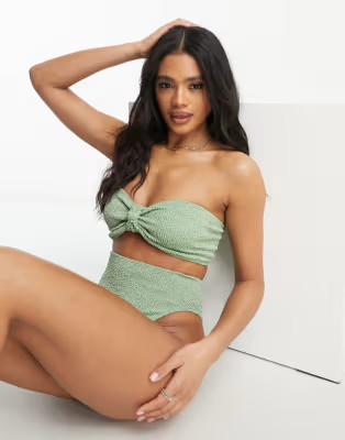 ASOS DESIGN mix & match knot bandeau crinkle bikini top in khaki | ASOS (Global)