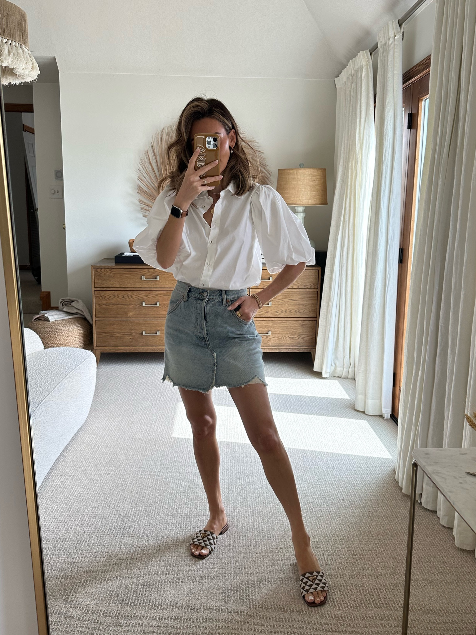 Wearing my puff sleeve button up I’m a little casual outfit for brunch! Mini denim skirt and Prada slides. Tossed over Sezanes suede shacket to keep warm! 

#LTKSeasonal #LTKshoecrush #LTKstyletip