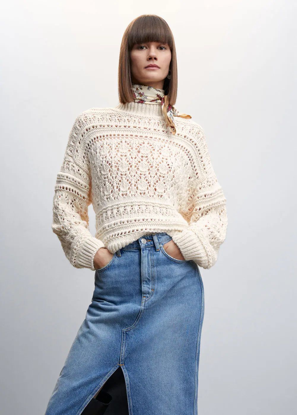 Openwork sweater perkins collar -  Women | Mango USA | MANGO (US)