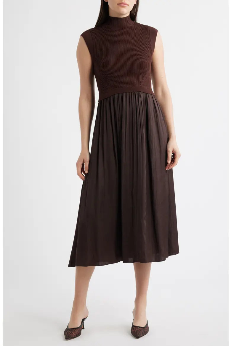 Mixed Media Rib Funnel Neck Midi Dress (Women) | Nordstrom | Nordstrom