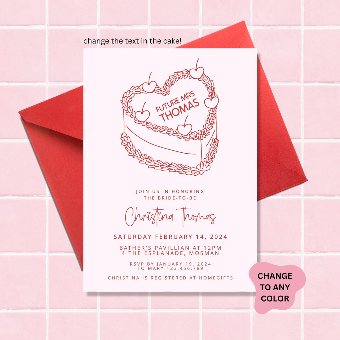 Illustrated Bridal Shower Invitation Hand Drawn Heart Cake Scribble Bridal Shower Invite Pink and... | Etsy (US)