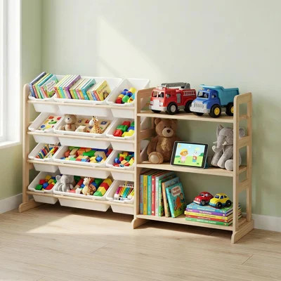 56" Tall Kids Toy Storage Organizer with 12 Bins & 3 Shelves, Pine Wood Bookshelf Display Rack for Playroom Bedroom Nursery | Wayfair North America