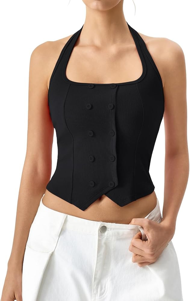 QINSEN Women's Halter Square Neck Crop Tank Top Button Front Sleeveless Slim Fit Corset Vest Ribb... | Amazon (US)