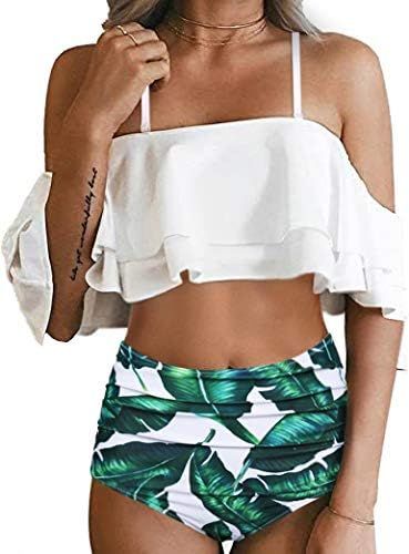 Tempt Me Women Two Piece Swimsuit High Waisted Bikini Off Shoulder Ruffle Bathing Suits | Amazon (US)