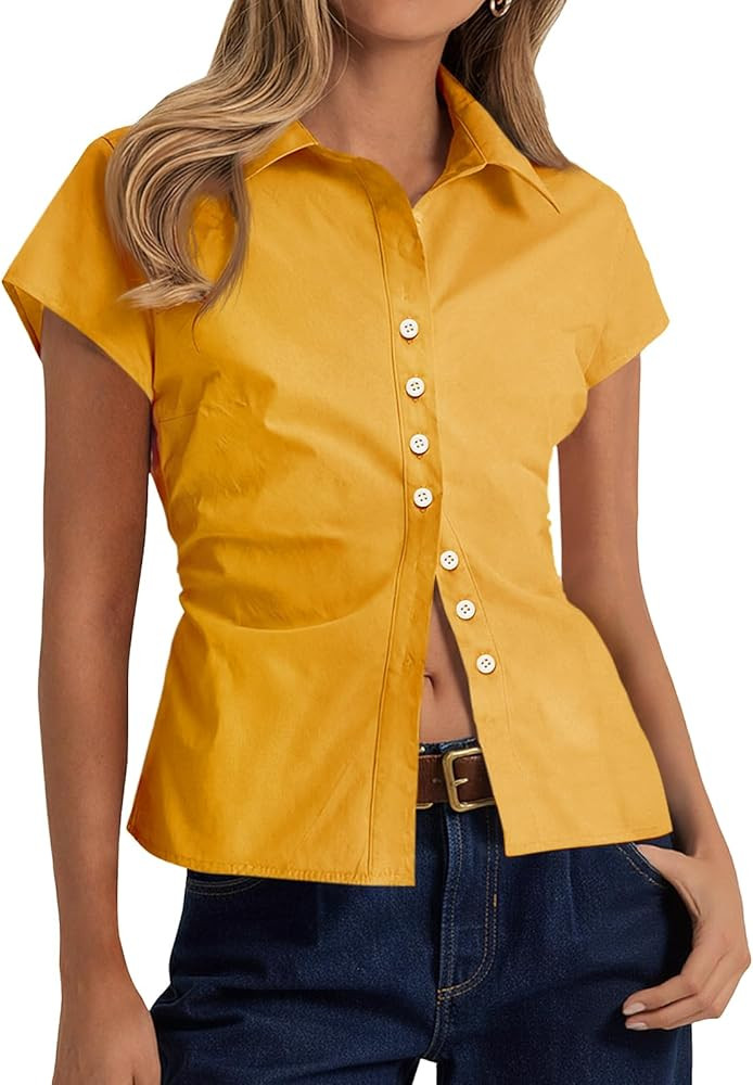 Cicy Bell Womens Summer Button Down Shirts Short Sleeve Slim Fit Ruched Cotton Blouses Cute Going... | Amazon (US)