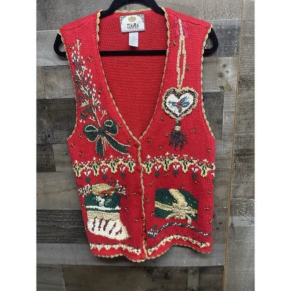 Tiara Christmas Embellish Embroidered Sweater Vest Red Women’s Large VINTAGE | Poshmark