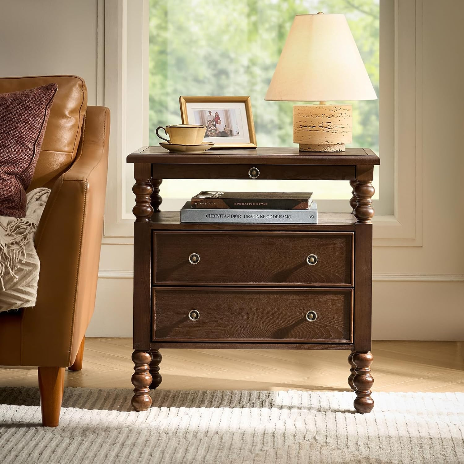 HULALA HOME 26" End Table with Charging Station, Transitional 2 Drawer Wood Endtable with Pull-Out Shelf and Open Storage Space, Large Side Table with Solid Wood Spindle Legs, Walnut | Amazon (US)