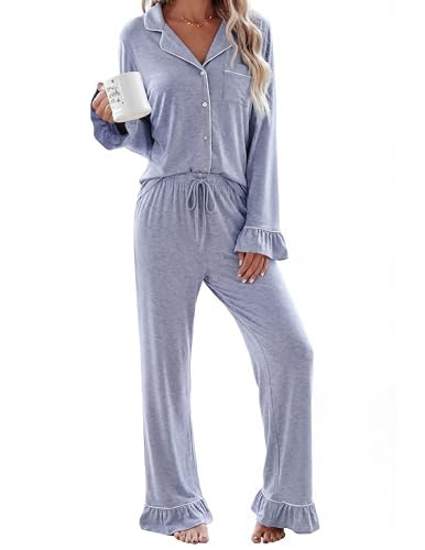 lulukaka Bamboo Rayon Pajama Sets for Women, Long Sleeve Button Down Pjs 2 Piece Loungewear, Soft Loose Fit Sleepwear Ruffled Cuffs Hem, Rock Blue L US Size 10~12 | Amazon (US)