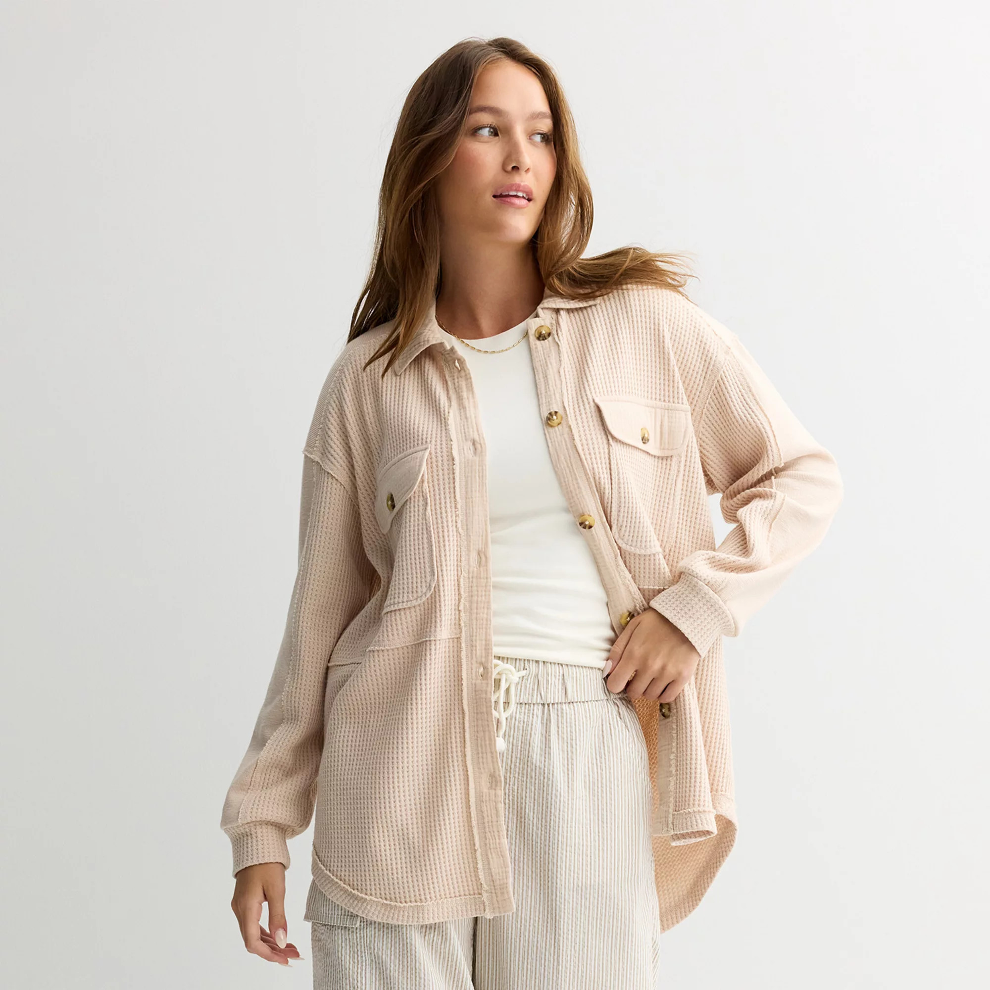 Juniors' Rewind Button Front Knit Shacket | Kohl's