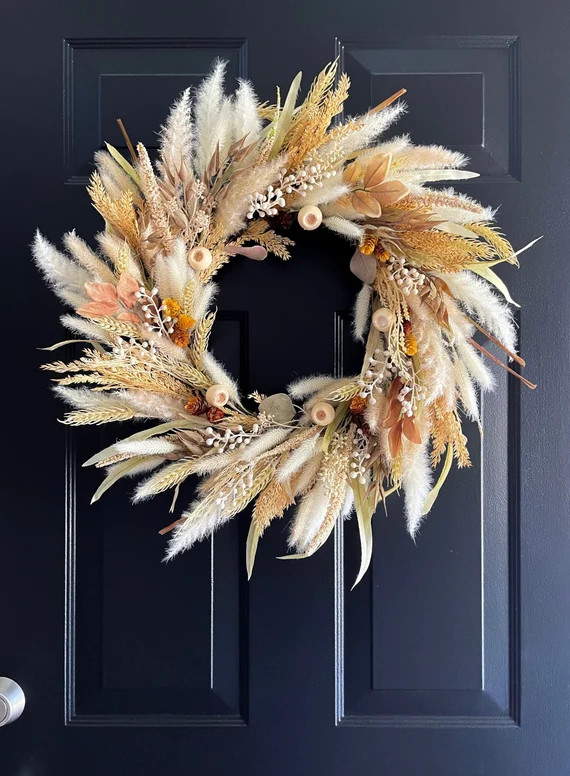 Neutral Fall Wheat Wreath Fall Foliage Mix With Mustard Hops - Etsy | Etsy (US)
