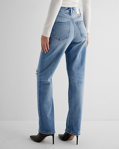 High Waisted Medium Wash Ripped Modern Straight Jeans | Express