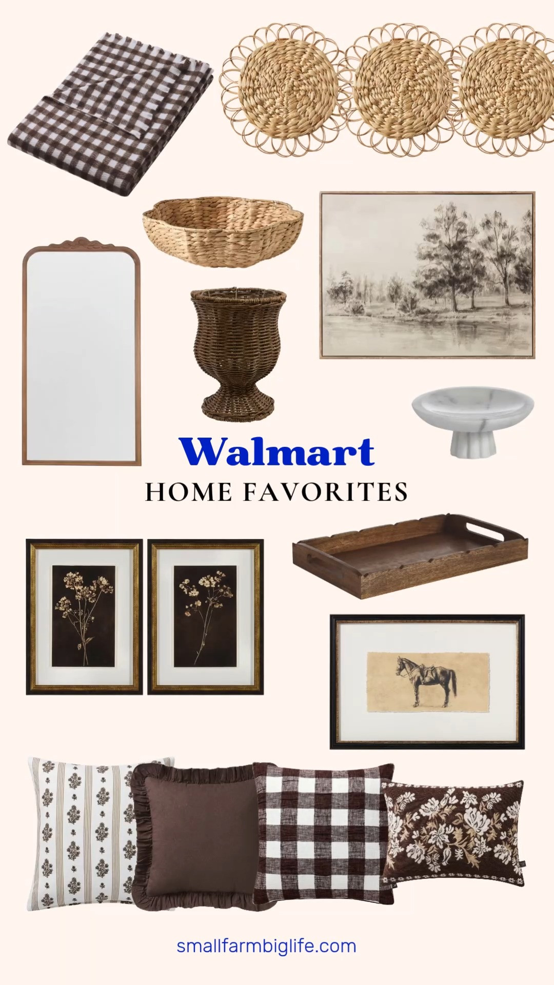 These new My Texas House finds from Walmart are giving such a warm, western inspired feel, perfect for an easy home refresh.
For wall decor, I am loving the saddled horse framed wall art, the sepia landscape vintage framed art, and the dark floral botanical framed art for such a layered gallery wall look. The ornate floral carved wood framed mirror is such a statement piece too.
For textiles, the brown woven gingham fringe throw and the brown ruffle, Isra, plaid, and floral stripe decorative pillow covers all mix so well together for cozy layered styling. I am also loving the round rattan table placemat for the dining table.
For decor accents, the white and grey marble trinket tray, the natural mango wood decorative tray, the water hyacinth decorative bowl, and the woven goblet planter urn round out the collection beautifully.
Shop all of my My Texas House Walmart favorites linked in this post for an easy home refresh. 

 #LTKHome