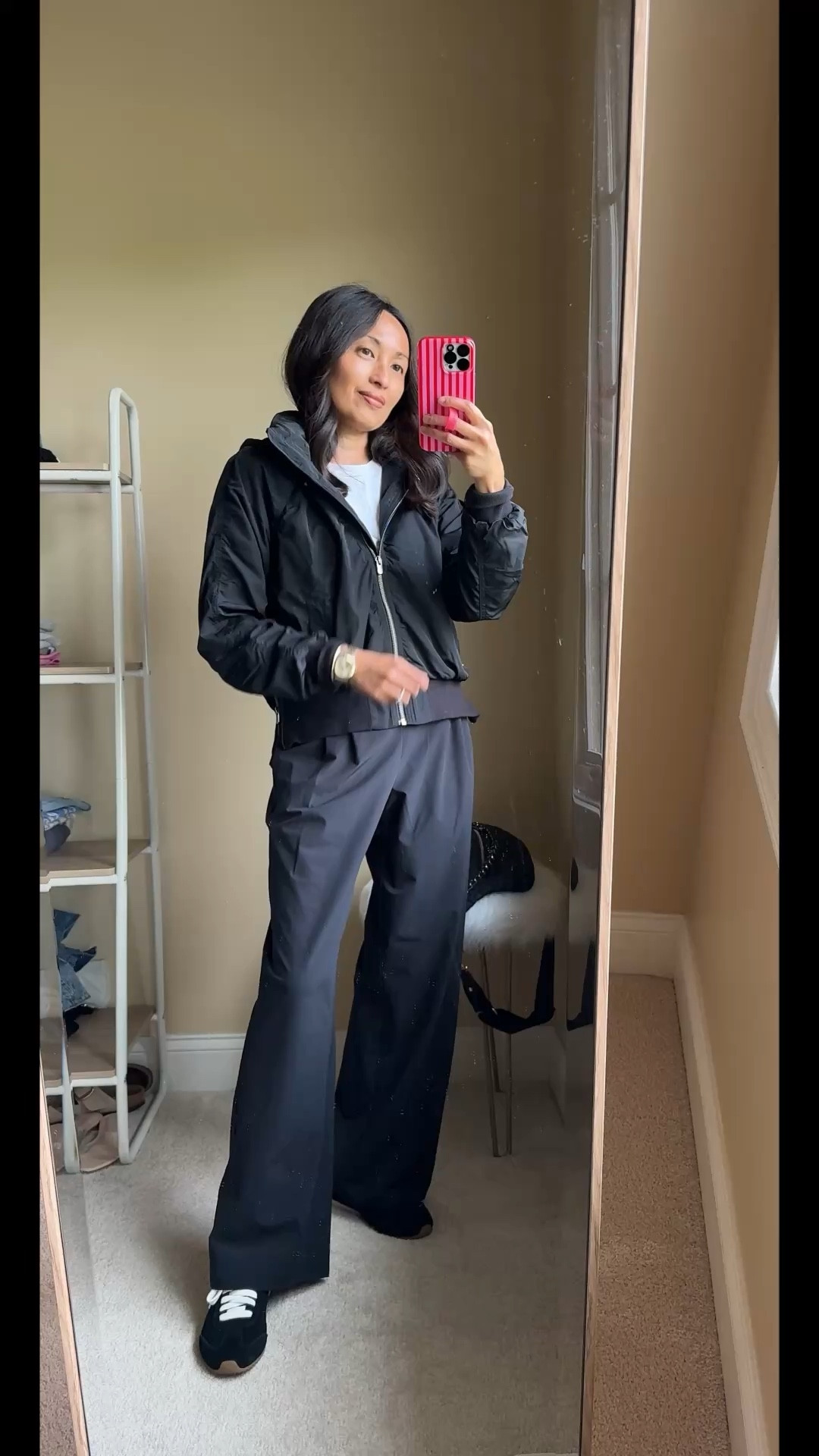 Most loved athleisure jacket. 
-I get requests for links multiple times a week on this jacket. Currently it’s 25 % off in black 40% off in white. And it’s one of my all-time favorites too. I have a light color from almost 3 years ago; this black one is 2 years old. 
Versatile style that works well as a travel jacket too. 
Chic lines and flattering fit. 
Stowaway hood. 
Soft material. 
Zip pockets. 
Side zips for extra comfort and style. 
True to size. 
- Pants are another athleisure favorite. I sizef down. Stylish trouser style fit. Wore these recently for travel and felt good in them. 
- Slim sneakers. 
-Sling bag. 


#LTKOver40 #LTKActive #LTKTravel
