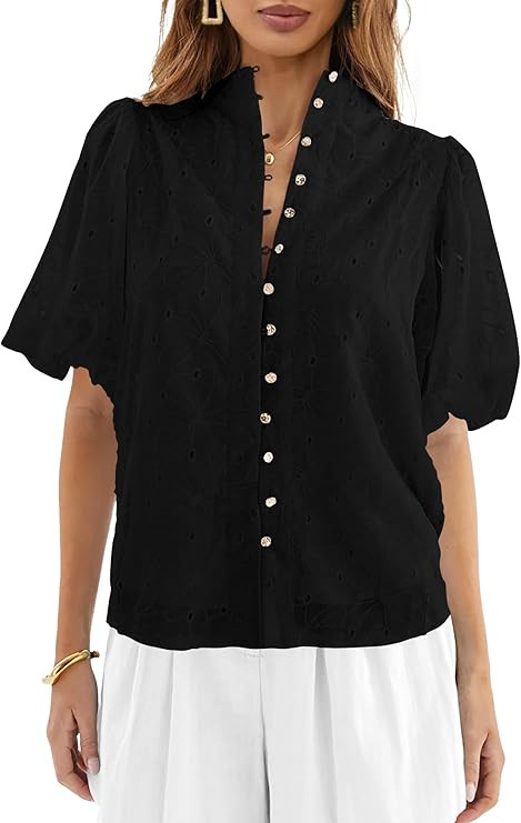 Lazysmile Summer Boho Tops for Women Short Sleeve V Neck Button Down Hollow Out Lace Embroidered ... | Amazon (US)