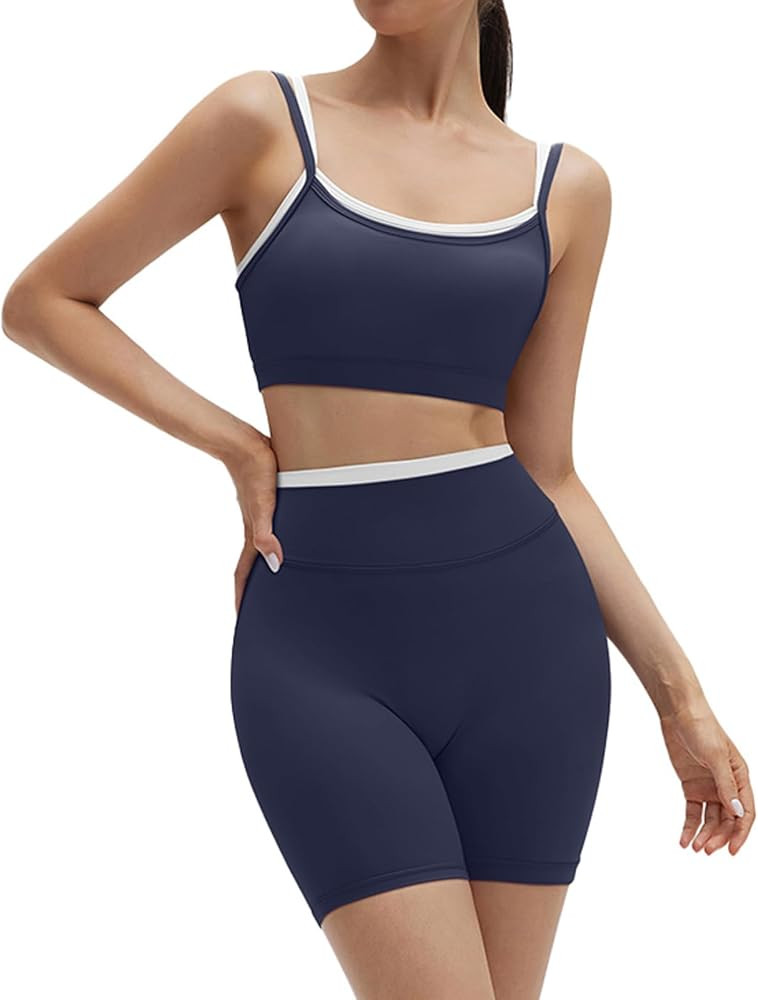 SUUKSESS Women 2 Pieces Workout Sets Padded Spaghetti Straps Camis High Waist Biker Shorts | Amazon (US)