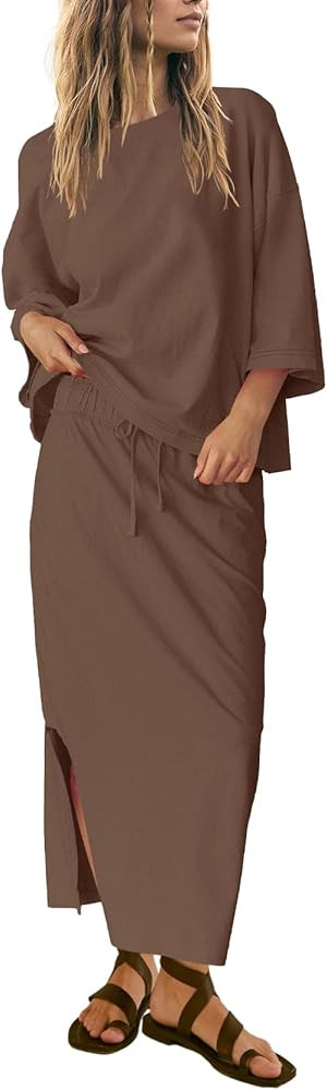 SENSERISE Womens 2 Piece Outfits Oversized Top and Maxi Skirt Set Summer Matching Sets Travel Vac... | Amazon (US)