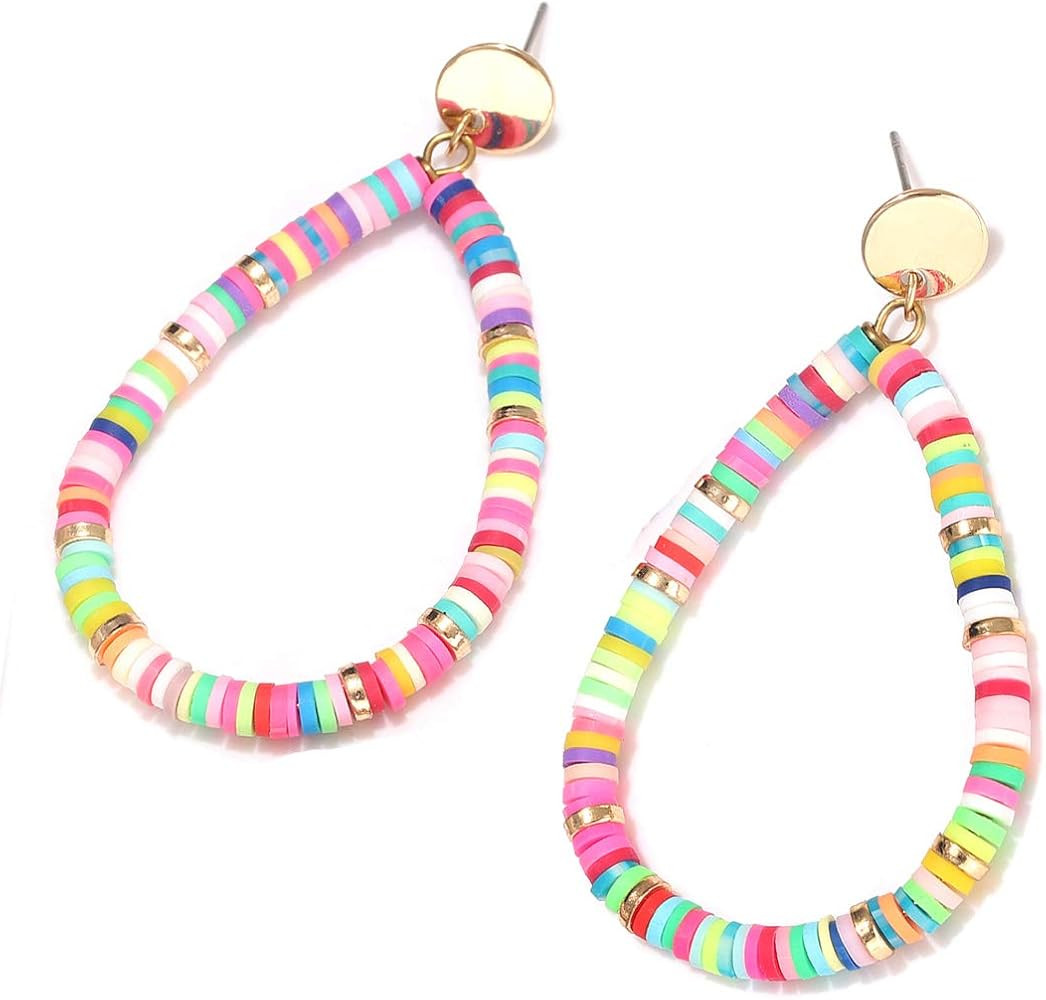 XOCARTIGE Heishi Drop Earrings for Women Rainbow Vinyl Disc Bead Dangle Earrings Lightweight Teardro | Amazon (US)