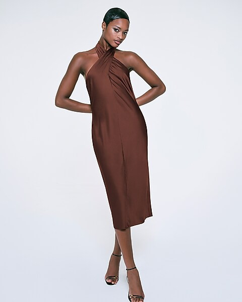 Satin Twist Halter Neck Midi Dress | Express