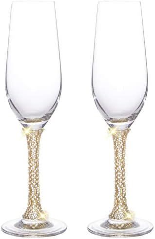Berkware Champagne Glasses Set of 2 - Luxurious Crystal Champagne Flutes with Elegant Rhinestone Emb | Amazon (US)