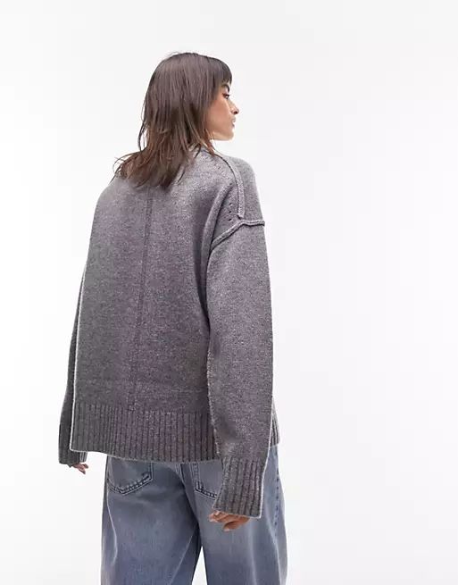 Topshop premium knitted crew neck contrast seam jumper 100% lambswool jumper in grey | ASOS (Global)