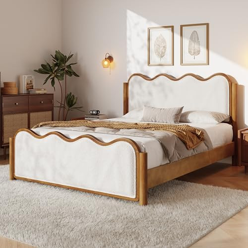 Merax Queen Platform Bed, Mid-Century Modern Boucle Upholstered Bed Frame with Wavy Curved Headbo... | Amazon (US)