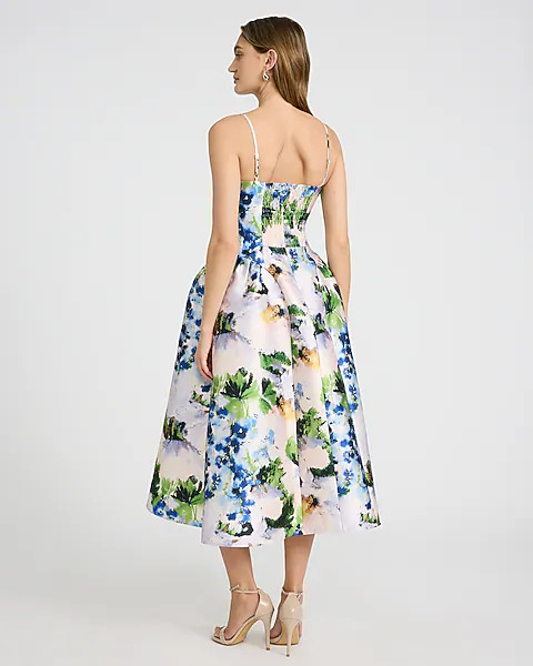 Floral Satin Sweetheart Basque Waist Midi Fit And Flare Dress With Pockets | Express