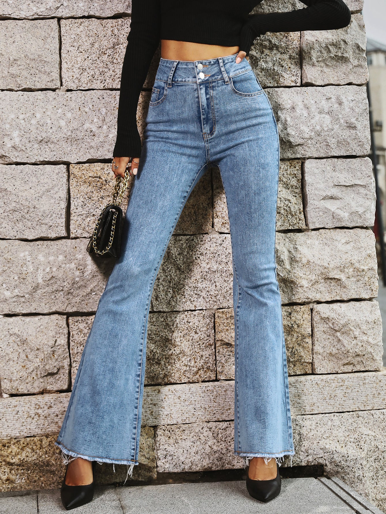 Slight Stretch High Waist Flare Leg Jeans (S / Light blue) | 1Sansome