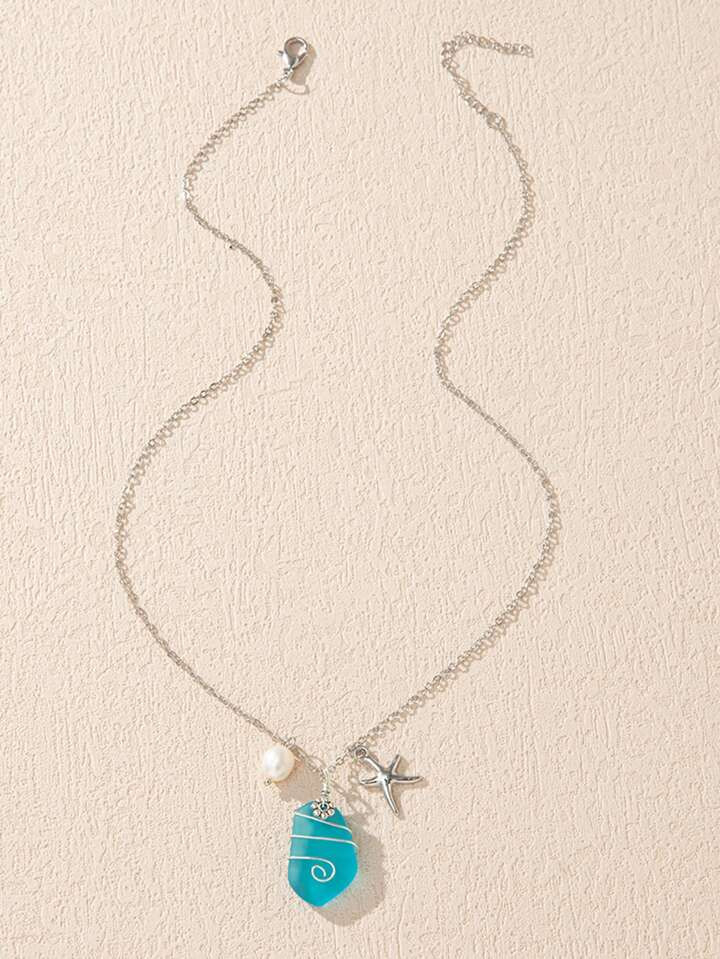 1pc Alloy & Blue Sea Glass Designed Pendant Necklace For Women, Unique Oceanic Style Accessory | SHEIN