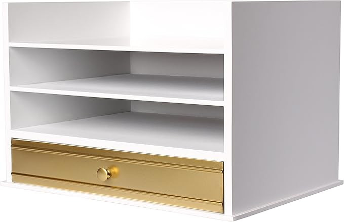 Kate and Laurel Industrious Desktop Wood Letter Tray with 3 Trays and Drawer, White and Gold | Amazon (US)