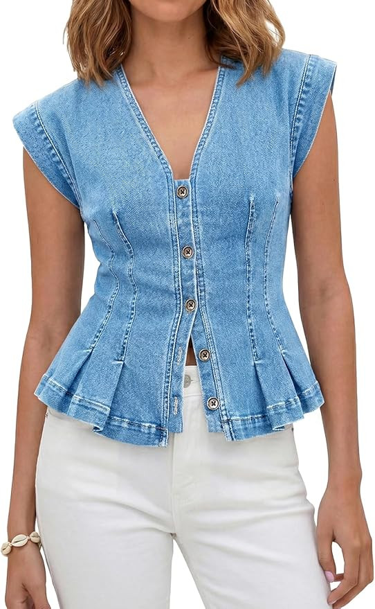 Tankaneo Womens V Neck Denim Vests Tops Trendy Summer Casual Button Down Y2k Fitted Pleated Sleev... | Amazon (US)