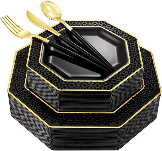 BBG 125Pcs Black Plastic Plates, New Year Disposable Plates, Gold Plastic Cutlery With Black Hand... | Amazon (US)