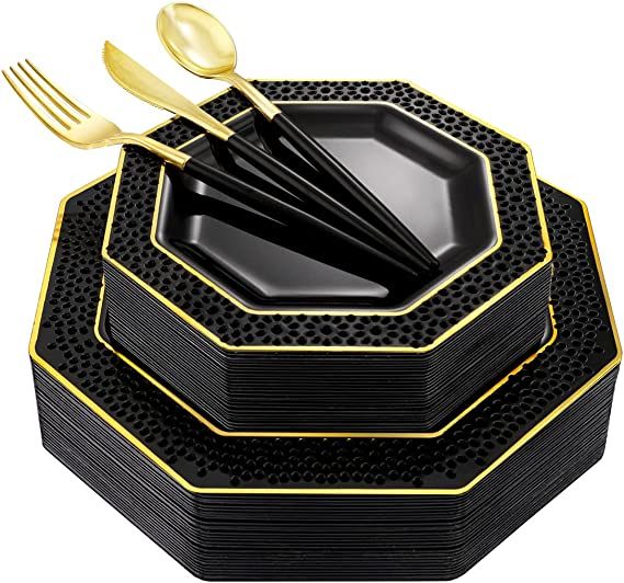 BBG 125Pcs Black Plastic Plates, New Year Disposable Plates, Gold Plastic Cutlery With Black Hand... | Amazon (US)