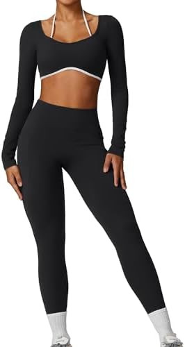 Workout Sets for Women 2 Piece Outfits Seamless High Waist Leggings Yoga Long Sleeve Crop Tops At... | Amazon (US)
