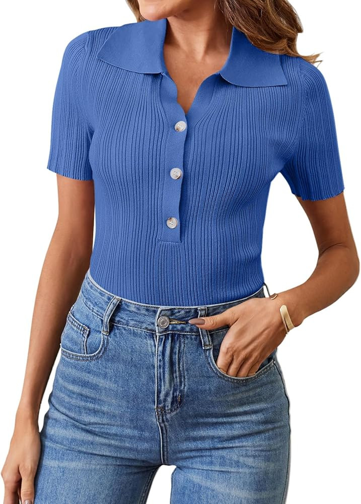 MEROKEETY Women's Short Sleeve V Neck Ribbed Knit T Shirts Summer Fitted Polo Work Casual Basic T... | Amazon (US)