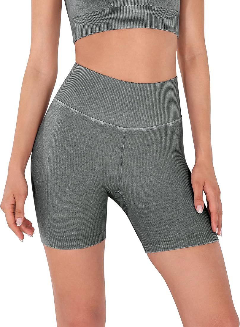 ODODOS Seamless Yoga Shorts for Women, High Waist Butt Lifting Acid Washed Ribbed Workout Gym Runnin | Amazon (US)