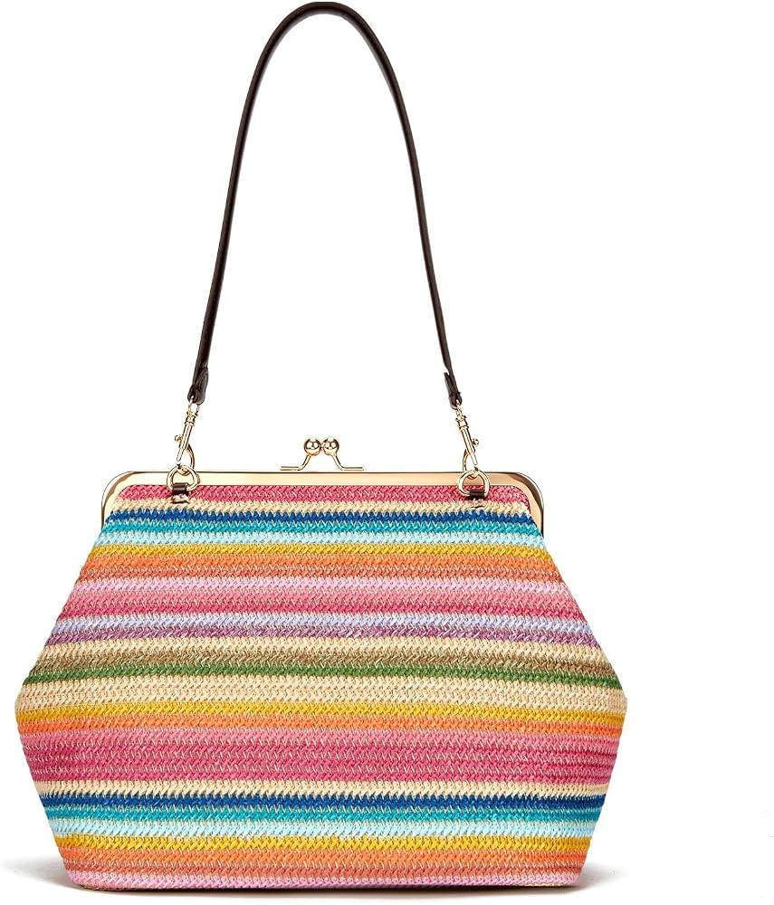 Straw Large Women's Kiss Lock Bag Kiss Clasp Tote Purse Clutch | Amazon (US)