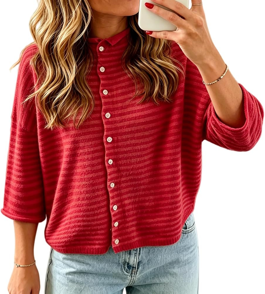 Women's 3/4 Sleeve Cardigans Striped Crewneck Button Down Knitted T-Shirt Spring Summer Casual Sw... | Amazon (US)