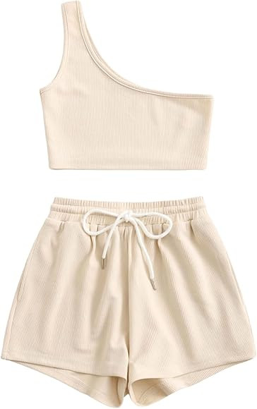 Verdusa Women's One Shoulder Tank Top and Lounge Shorts 2 Piece Tracksuit Set | Amazon (US)