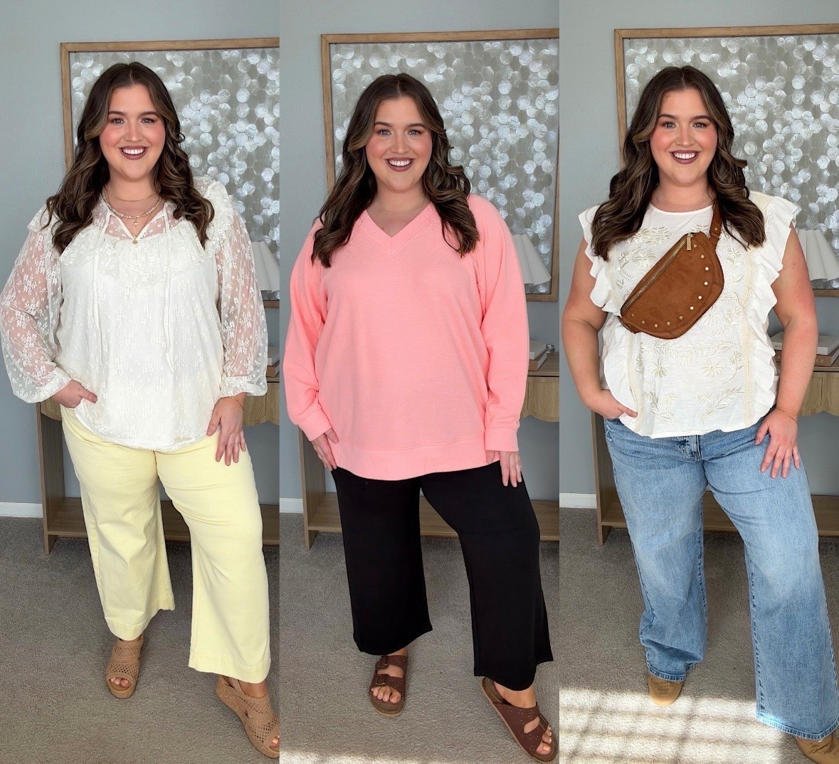 Spring has completely sprung at @Maurices and I am still swooning over these adorable plus size approved outfits in all the current trends. These yellow pants are perfect with this boho chic top and I’m loving the color of these jeans worn this ruffle sleeveless white top. This coral top and black pants add the perfect pop of color. 
Butter yellow pants, brown crossbody handbag

#LTKPlusSize #LTKSeasonal #LTKSaleAlert