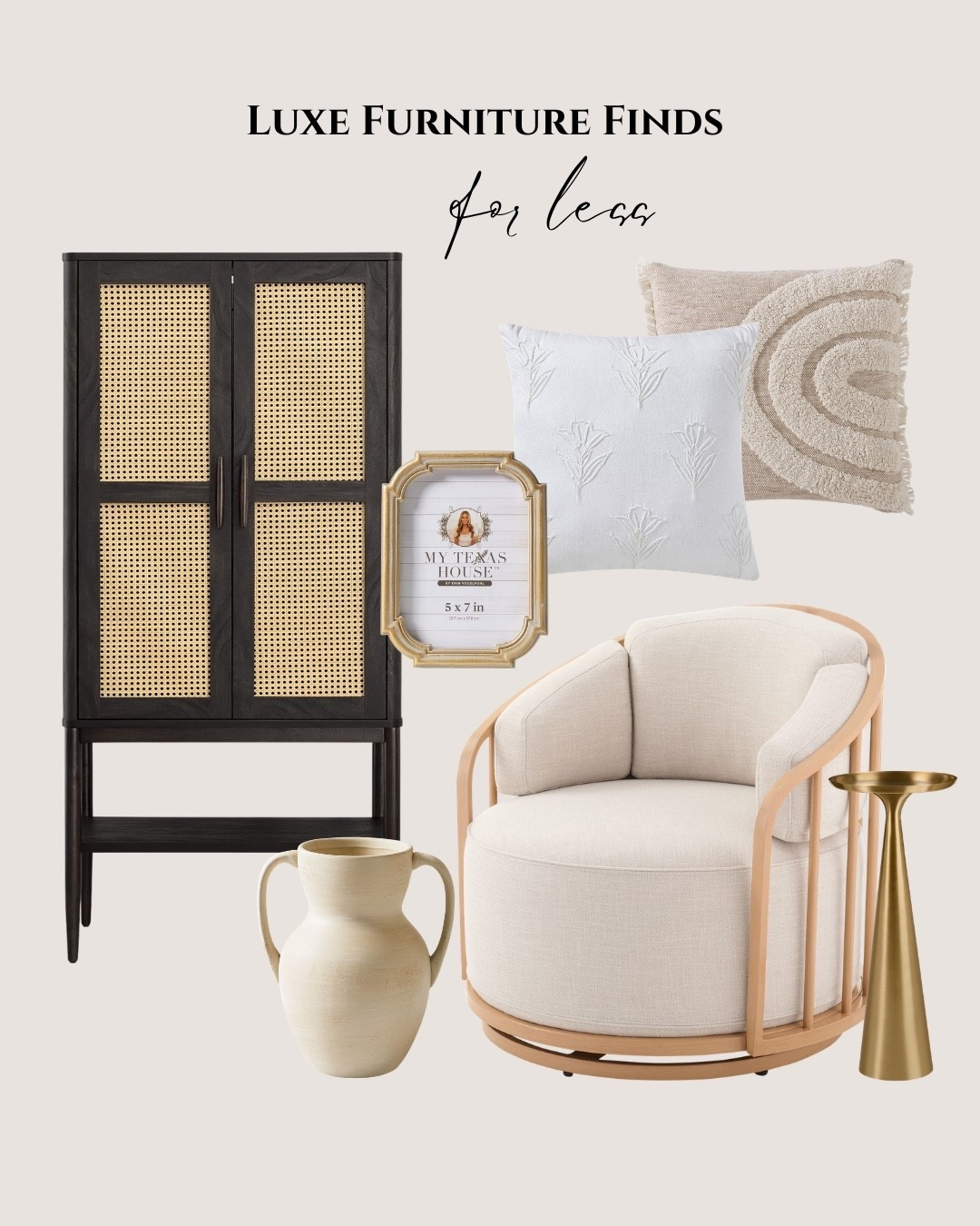 Walmart luxe furniture finds for less: cream modern pillow, white pillow, gold frame, black cabinet, cream swivel chair, cream decor vase, gold side table.

#LTKHome #LTKSaleAlert