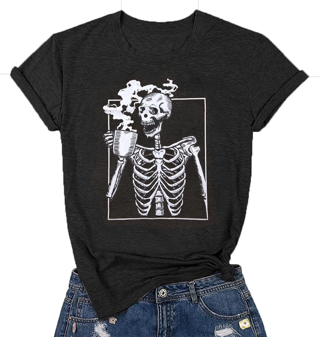 Hot Coffee Skeleton Shirt Women Halloween Skeleton T Shirt Vintage Funny Skull Shirts Fall Casual... | Amazon (US)